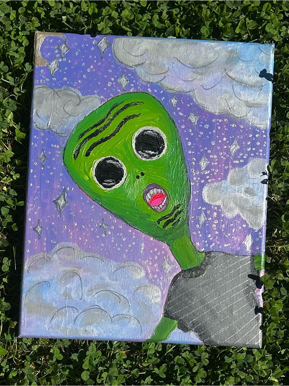 Original 11x14 Hand-Painted Green Alien Artwork on Canvas (11”x14”)